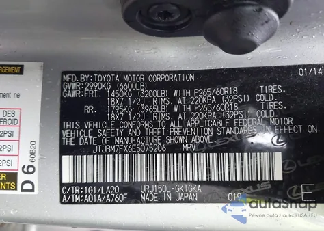 2014 Lexus Gx 460 from USA, damaged, VIN JTJBM7FX6E5075206